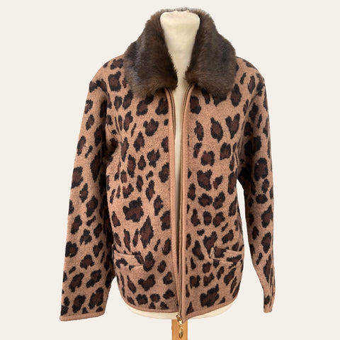 Leopard wool cardigan with fur collar