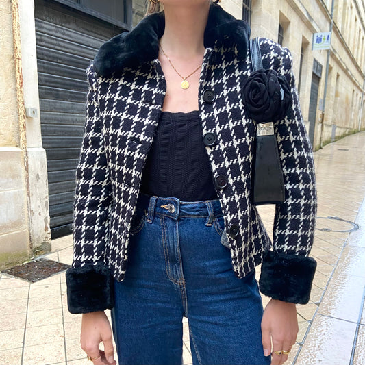 Plaid and fur wool jacket