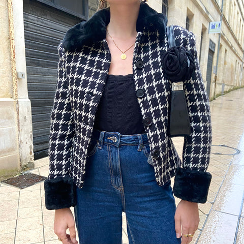 Veste lainé à carreaux et fourrure