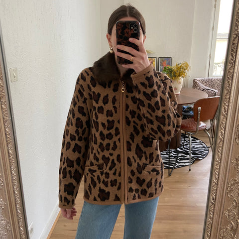 Leopard wool cardigan with fur collar