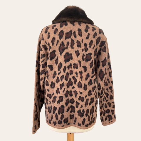 Leopard wool cardigan with fur collar