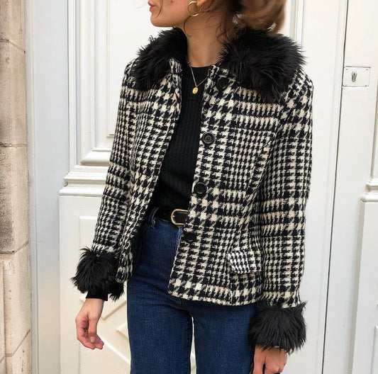 Checked fur-lined jacket