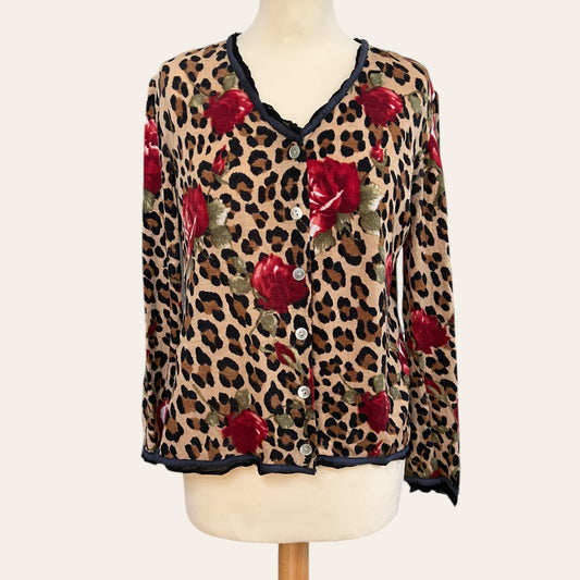 Leopard and flower print wool cardigan