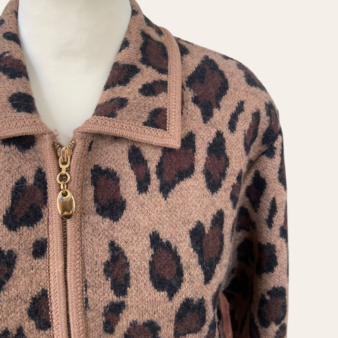 Leopard wool cardigan with fur collar