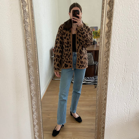 Leopard wool cardigan with fur collar