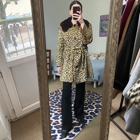 Leopard fur belted coat