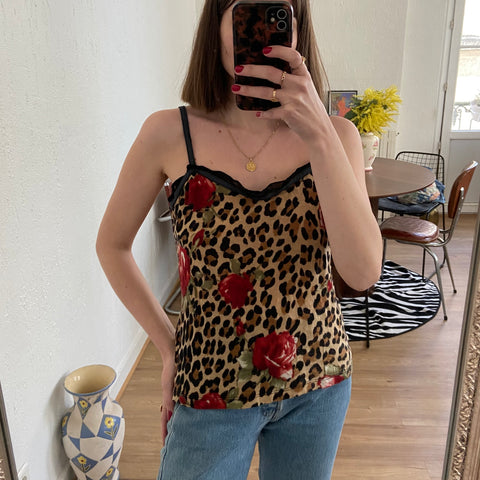 Leopard and flower print wool tank top