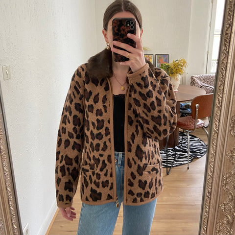 Leopard wool cardigan with fur collar