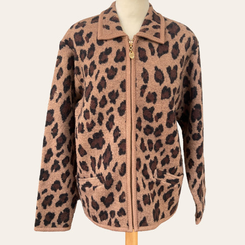 Leopard wool cardigan with fur collar