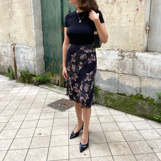 Polka dot and flower print midi skirt