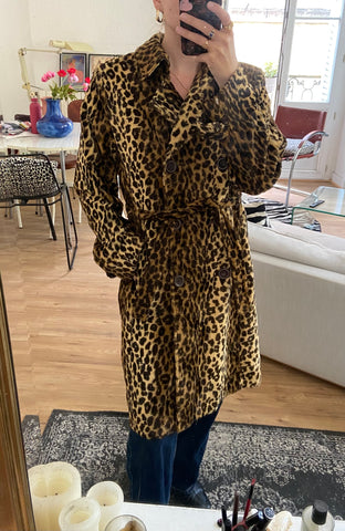 Leopard fur trench coat