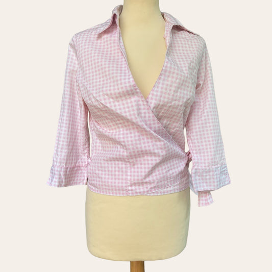 Gingham print wrap blouse