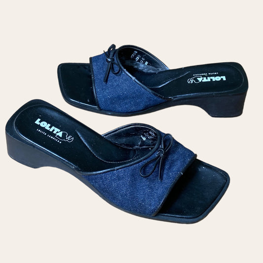 Denim wedge mules