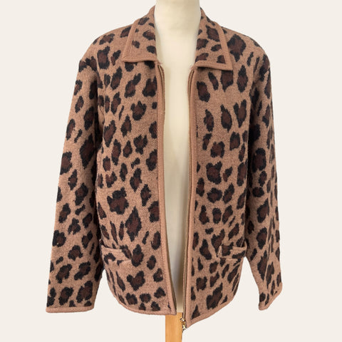 Leopard wool cardigan with fur collar