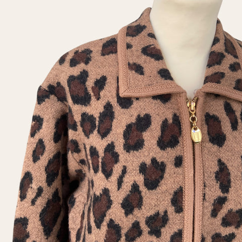 Leopard wool cardigan with fur collar