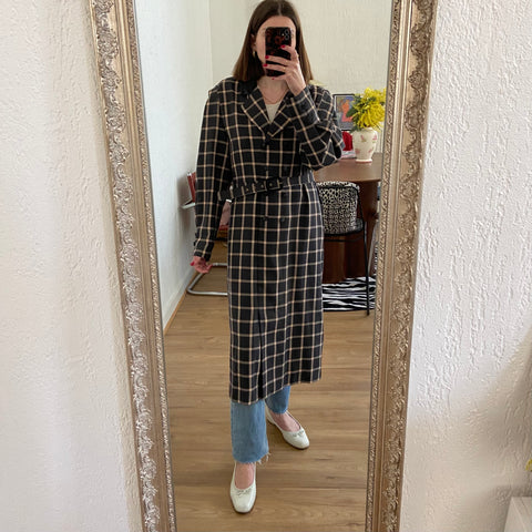 Long checked trench coat