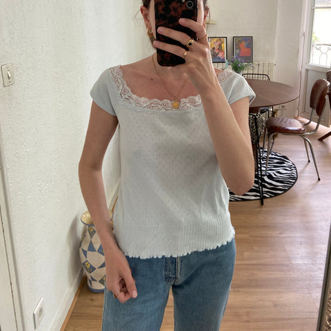 Pointelle T-shirt with scalloped collar