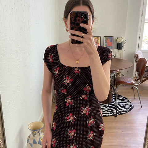 Robe midi à imprimé pois et fleurs