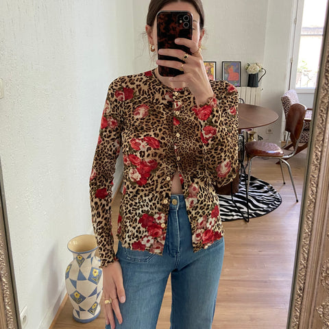 Cardigan imprimé léopard et roses